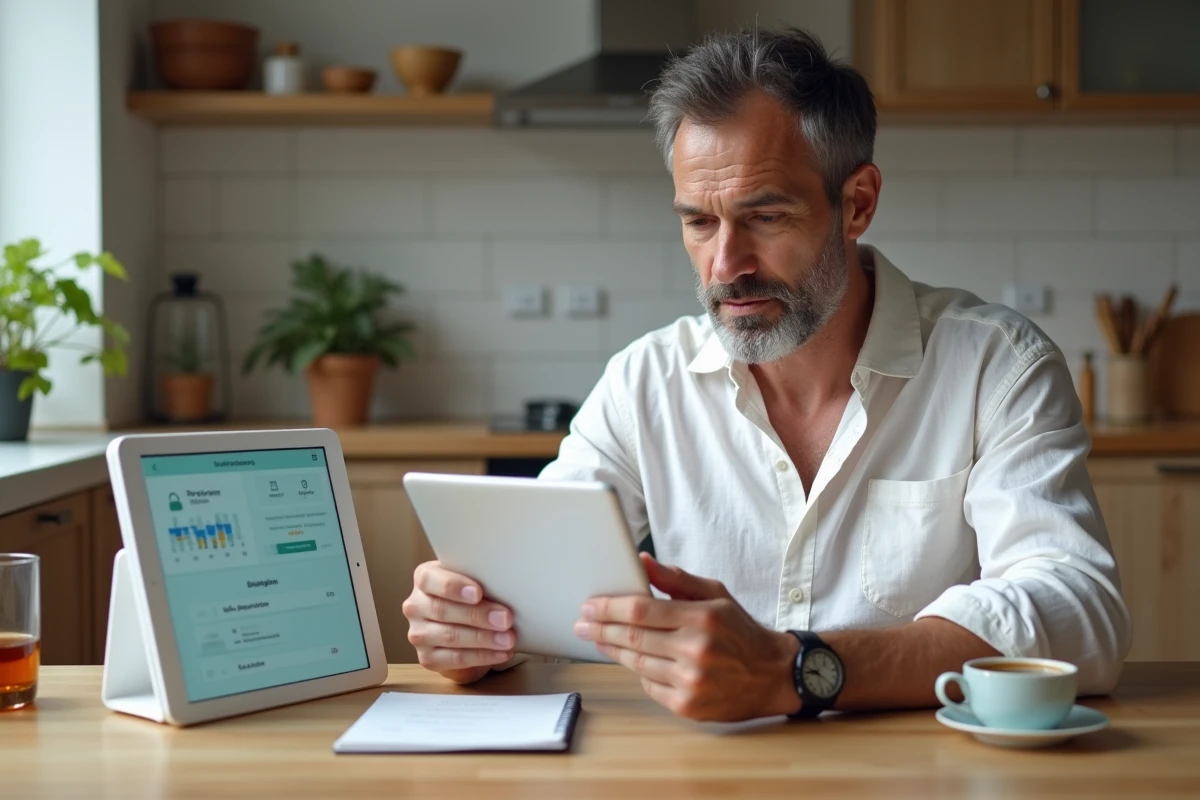 Homme consultant un tableau de bord de sécurité réseau sur une tablette pour sécuriser son Wi-Fi depuis l'interface 192.168.1.1 dans une cuisine