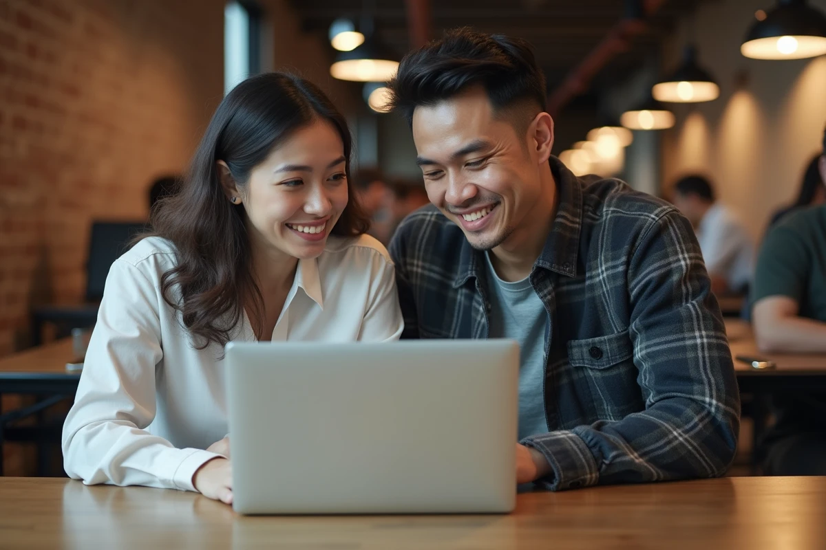 Deux collègues consultant un logiciel de conversion de format de fichier sur un laptop dans un espace de coworking