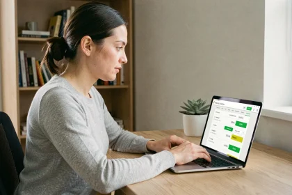 Femme consultant une interface de conversion ko en Mo sur un ordinateur portable dans un bureau à domicile