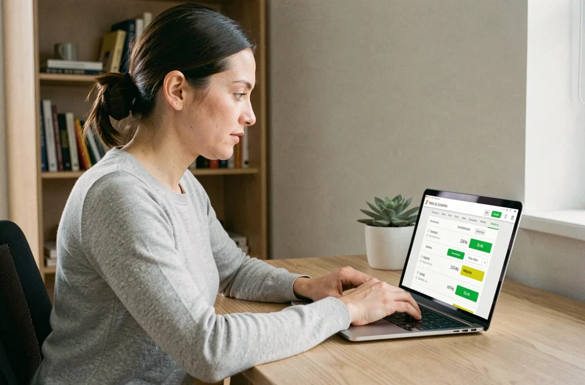 Femme consultant une interface de conversion ko en Mo sur un ordinateur portable dans un bureau à domicile