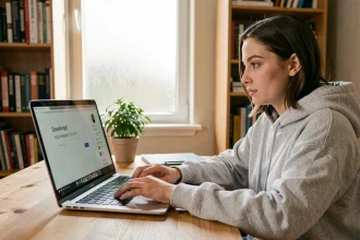 Jeune femme utilisant un site de conversion vidéo en ligne sur son ordinateur portable pour télécharger une vidéo depuis YouTube légalement
