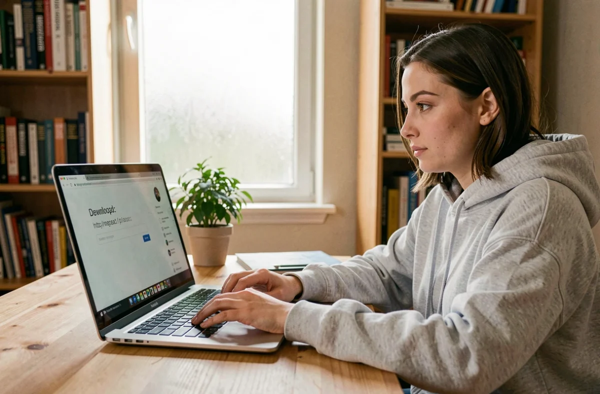 Jeune femme utilisant un site de conversion vidéo en ligne sur son ordinateur portable pour télécharger une vidéo depuis YouTube légalement