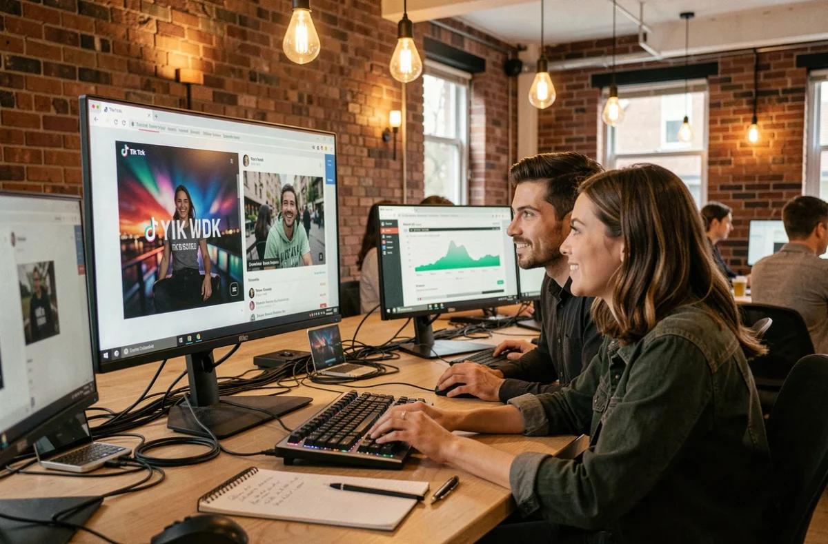 Deux collègues dans un espace de coworking consultant un outil de conversion vidéo MP4 en ligne pour télécharger des vidéos TikTok légalement