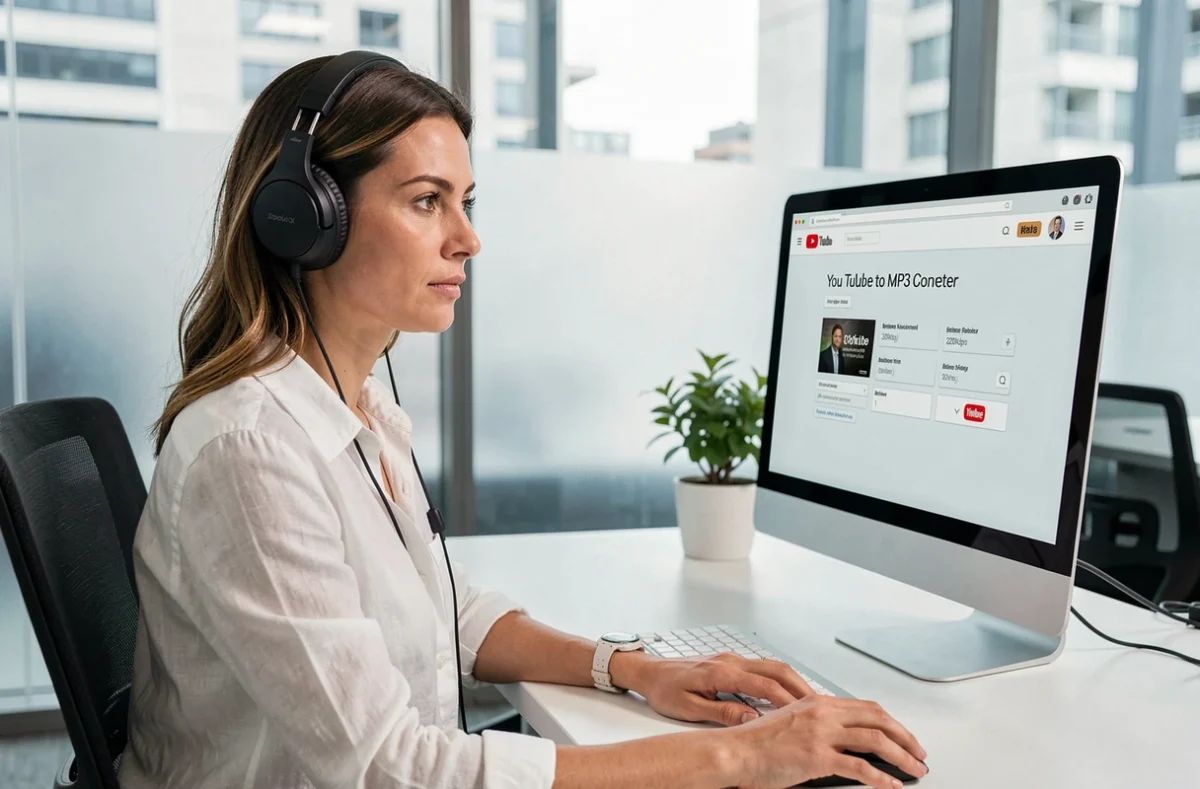 Femme utilisant un convertisseur YouTube MP3 haute qualité avec réglage du débit audio à 320 kbps sur ordinateur de bureau