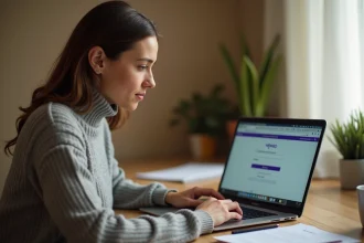 Femme configurant une adresse Yahoo sur un ordinateur portable dans un bureau à domicile
