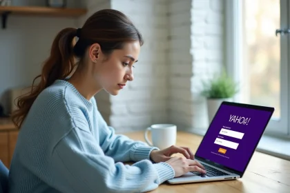 Jeune femme créant un compte Yahoo Mail sur son ordinateur portable dans un bureau à domicile