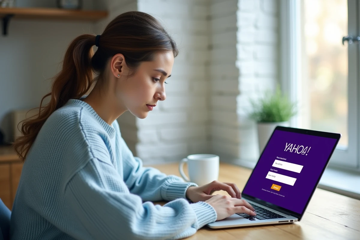 Jeune femme créant un compte Yahoo Mail sur son ordinateur portable dans un bureau à domicile