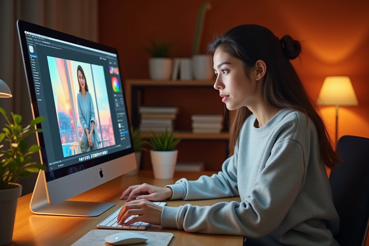 Jeune femme créant des stories Instagram avec des GIFs animés sur un iMac dans un espace de travail moderne