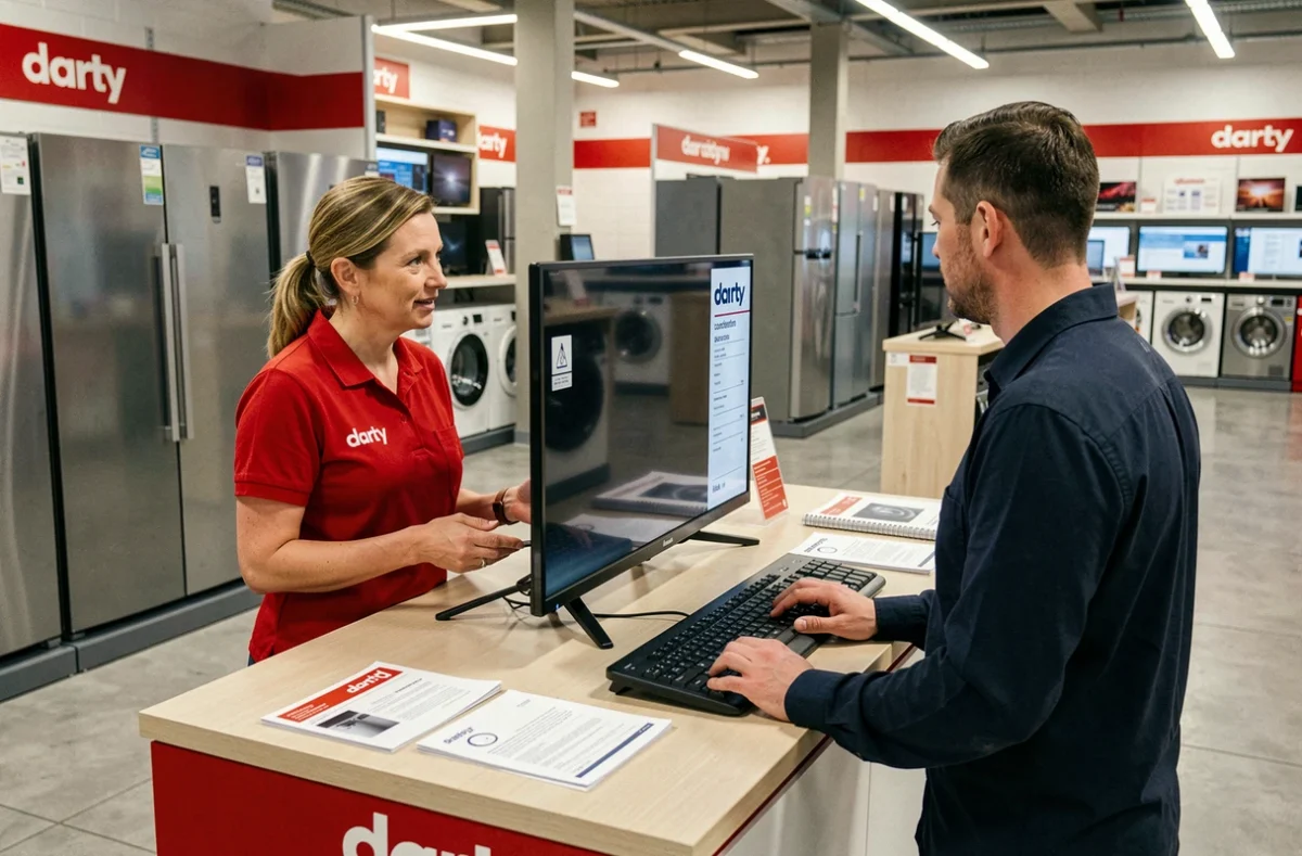 Conseillère Darty Bordeaux Lac expliquant les conditions du service après-vente intégré pour un appareil reconditionné à un client au comptoir