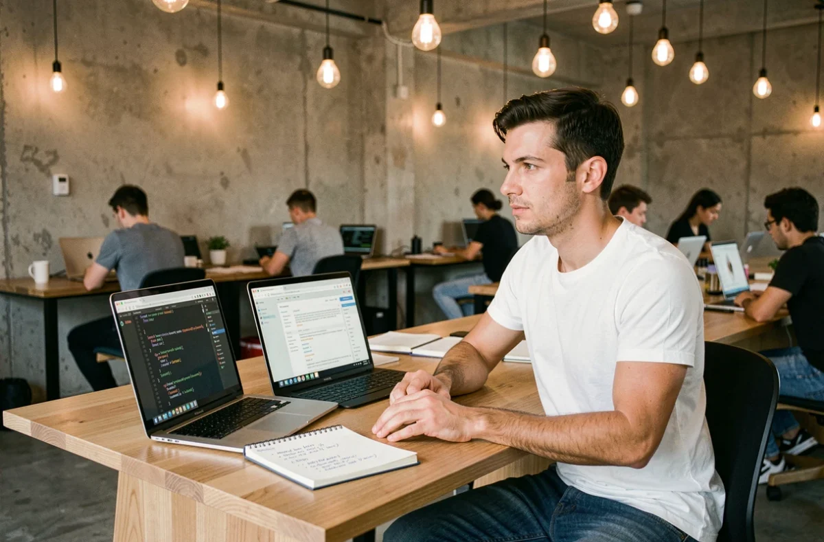 Développeur débutant travaillant sur une API REST Python dans un espace de coworking moderne