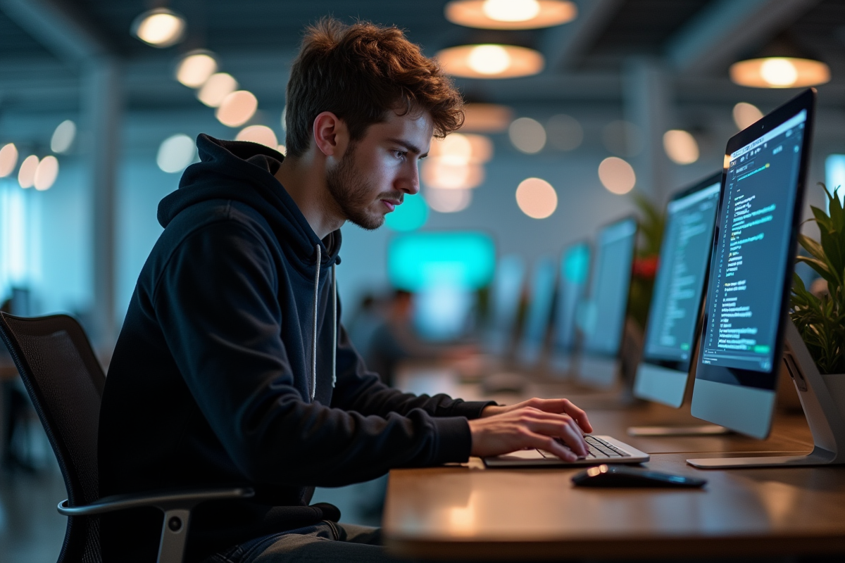 Jeune developpeur concentré sur son ordinateur dans un bureau moderne