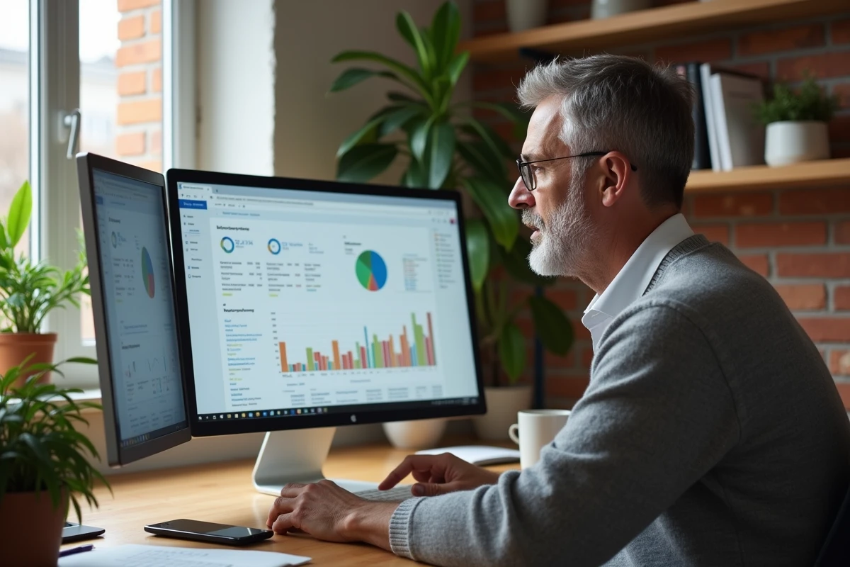 Homme développeur analysant des résultats SEO sur un grand écran