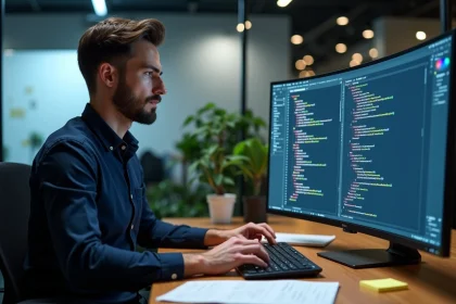 Développeur VBA concentré devant un éditeur Visual Basic affichant une boucle For Loop dans un bureau moderne