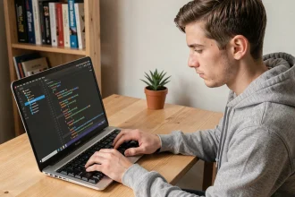 Développeur sur un PC modeste utilisant VS Code avec un thème sombre dans un bureau à domicile minimaliste