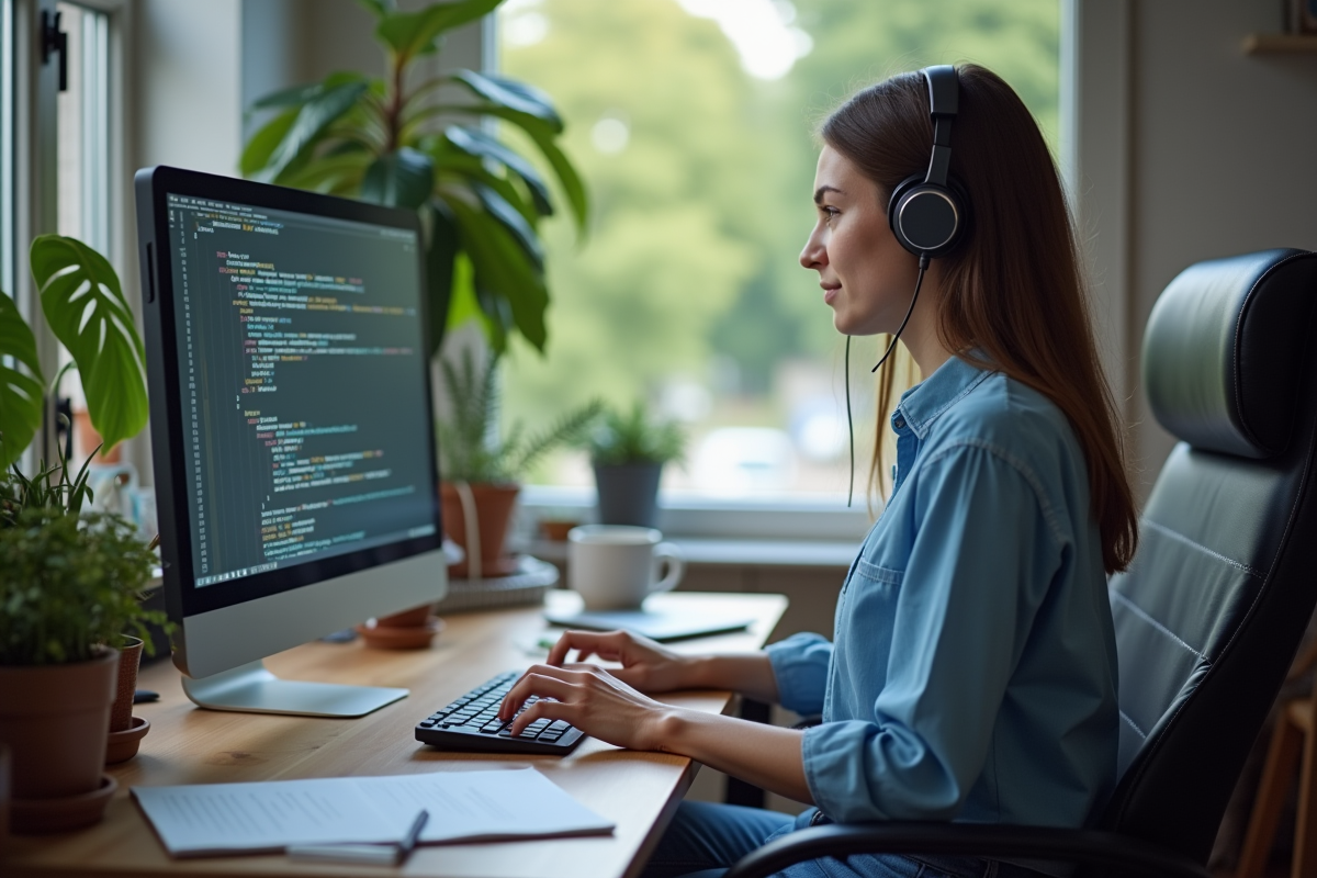Jeune femme développeuse en train de coder sur son ordinateur portable