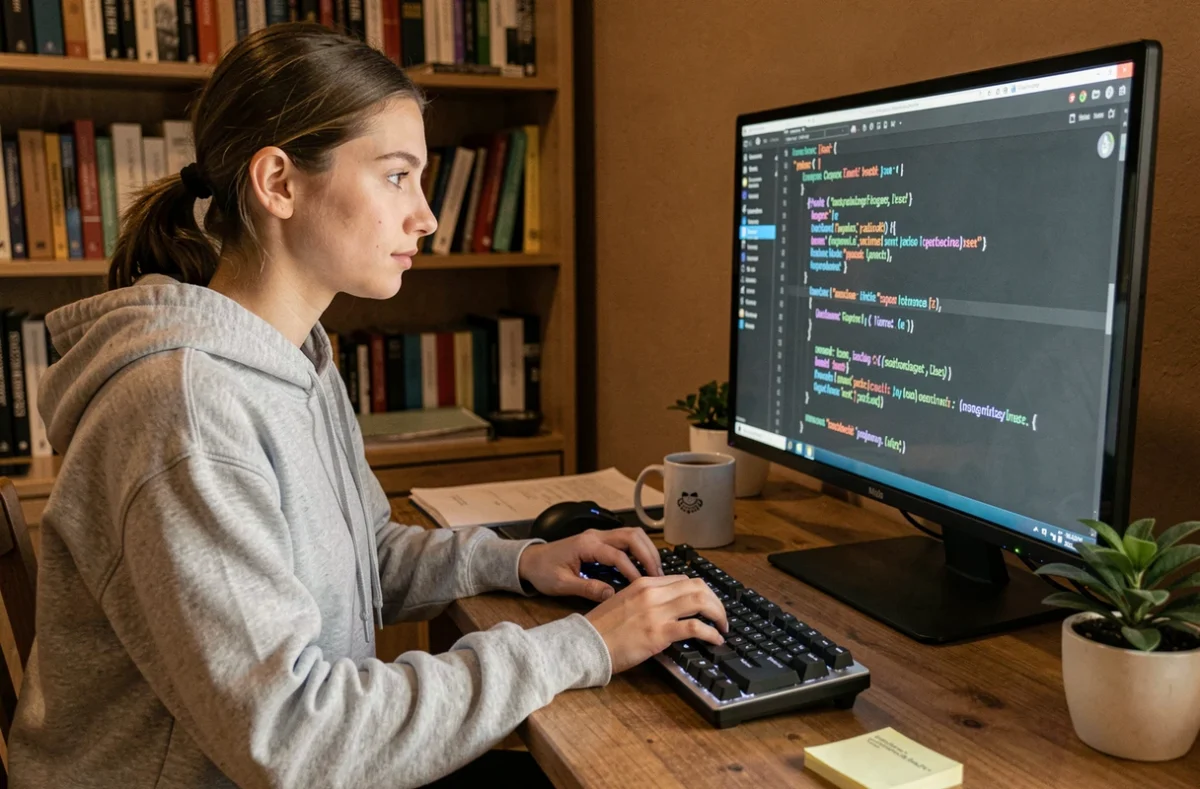 Jeune développeuse débutante écrivant du code Python sur son ordinateur dans un bureau à domicile