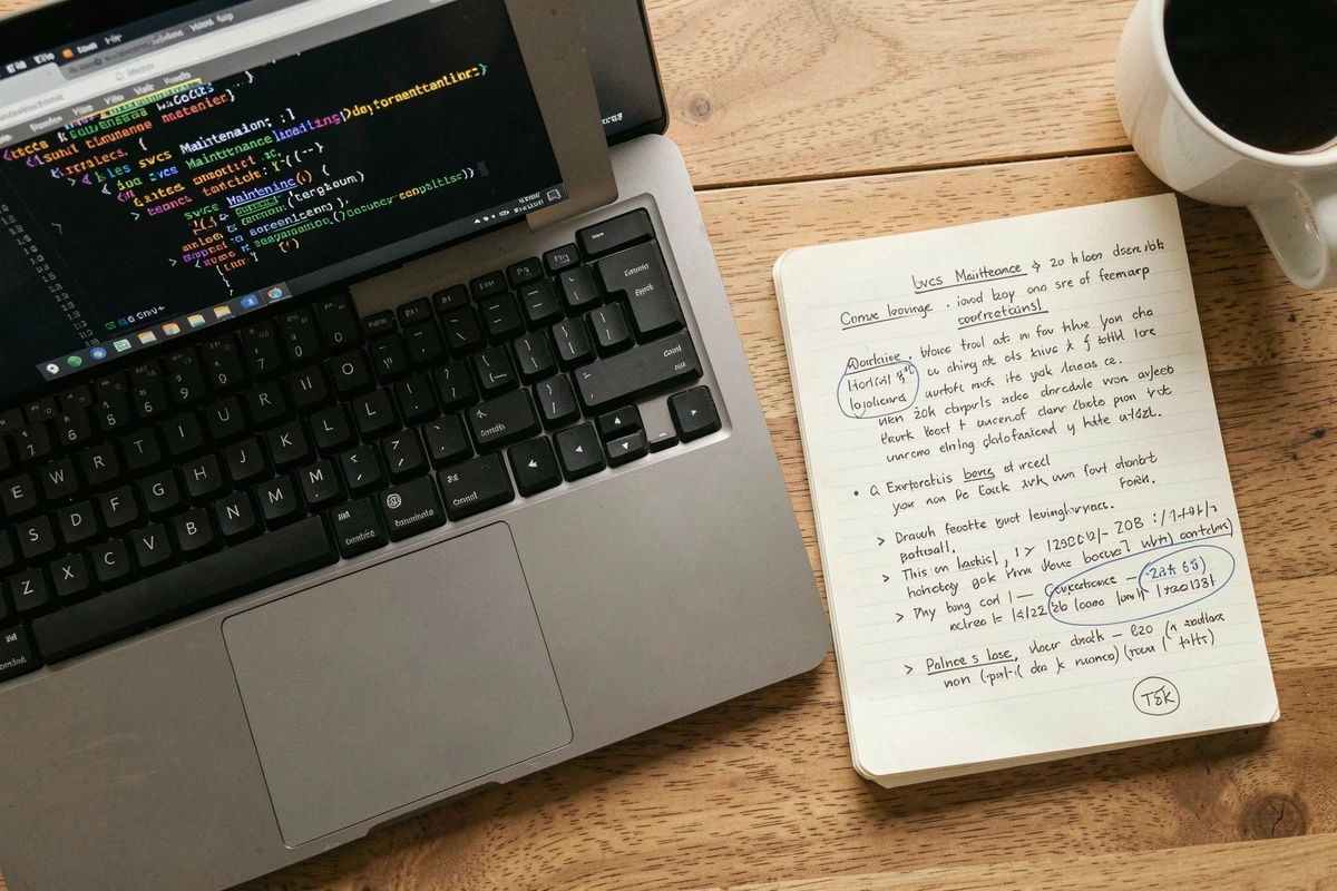Gros plan d'un bureau avec terminal système ouvert montrant un processus de maintenance suspect et notes manuscrites de diagnostic