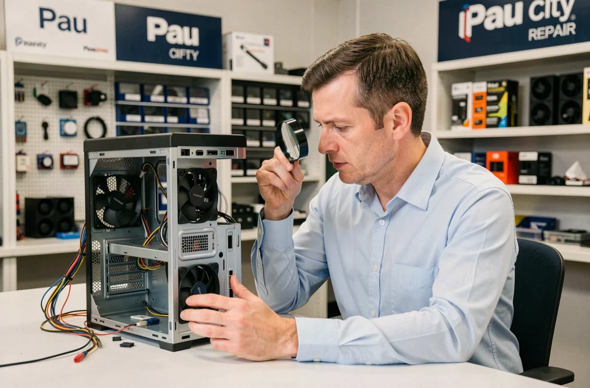 Technicien de Digicom Concept réparant un ordinateur de bureau à Pau