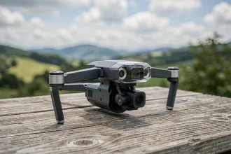 Drone caméra 4K posé sur une table en bois avec paysage naturel en arrière-plan, détails techniques visibles
