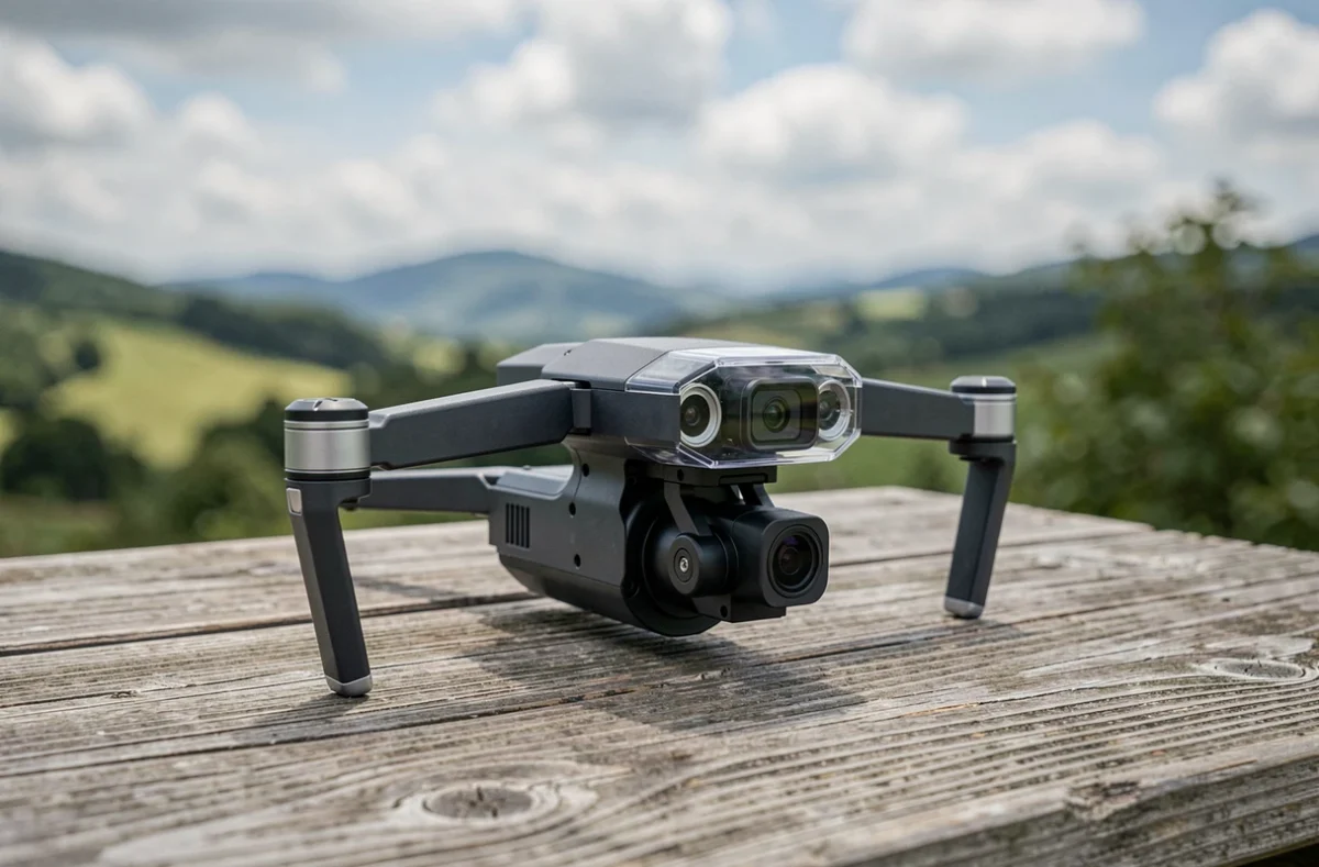 Drone caméra 4K posé sur une table en bois avec paysage naturel en arrière-plan, détails techniques visibles