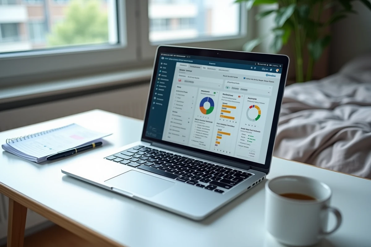 Écran d'ordinateur portable affichant le tableau de bord de l'intranet UGA LEO avec les notes et résultats d'examens sur un bureau d'étudiant