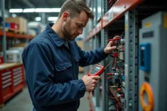 Électricien testant un circuit électrique industriel