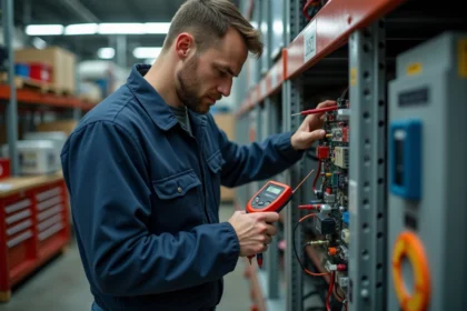 Électricien testant un circuit électrique industriel