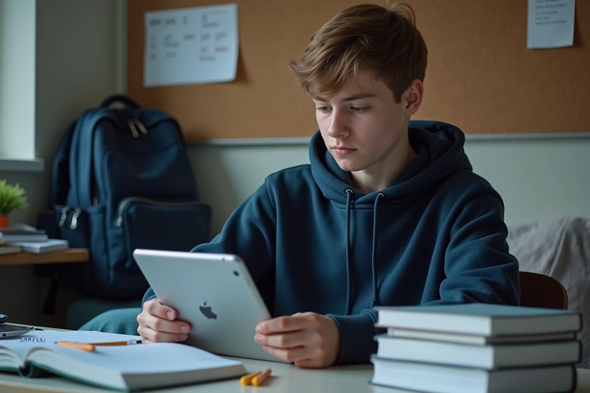 Adolescent consultant son espace numérique de travail ENT04 sur une tablette dans sa chambre d'étudiant