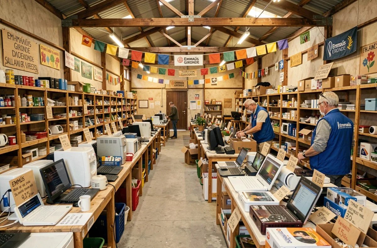 Bénévole Emmaüs Gironde rangeant des appareils électroniques de réemploi à prix solidaire dans un grand espace de vente associatif