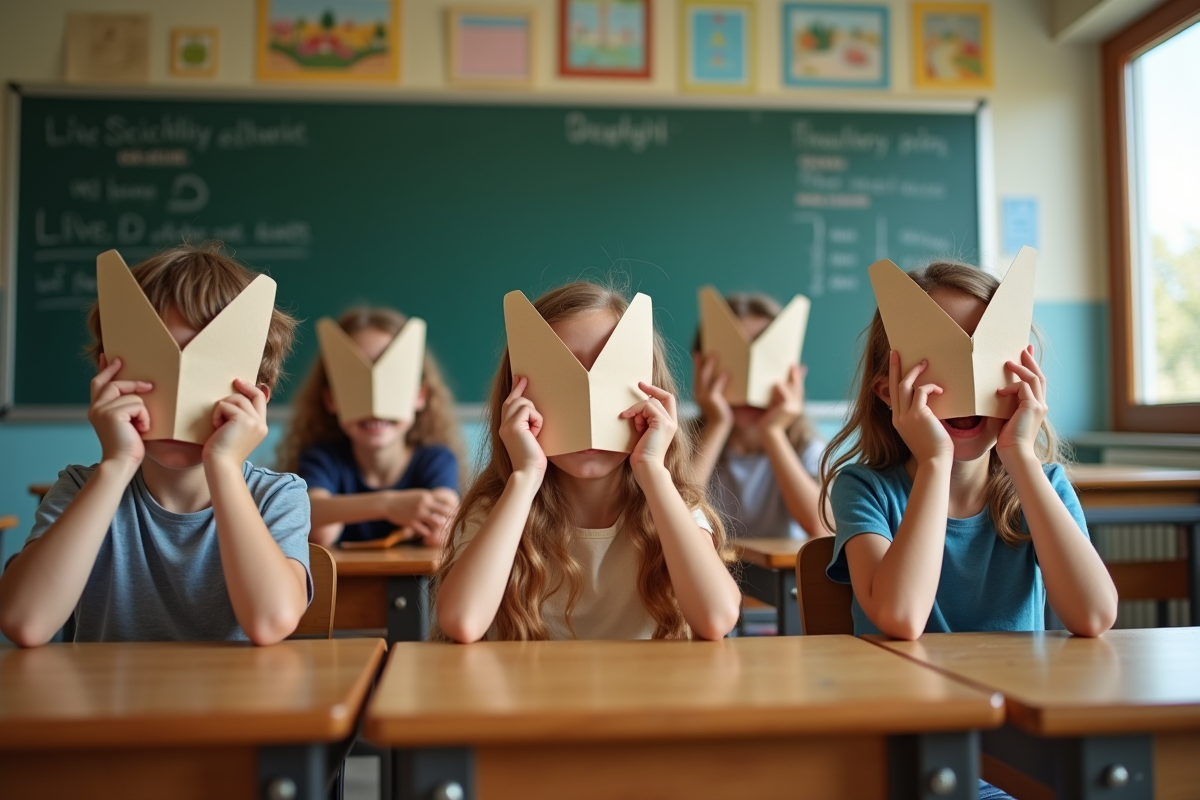Cinq enfants avec masques en forme de V dans une salle de classe lumineuse