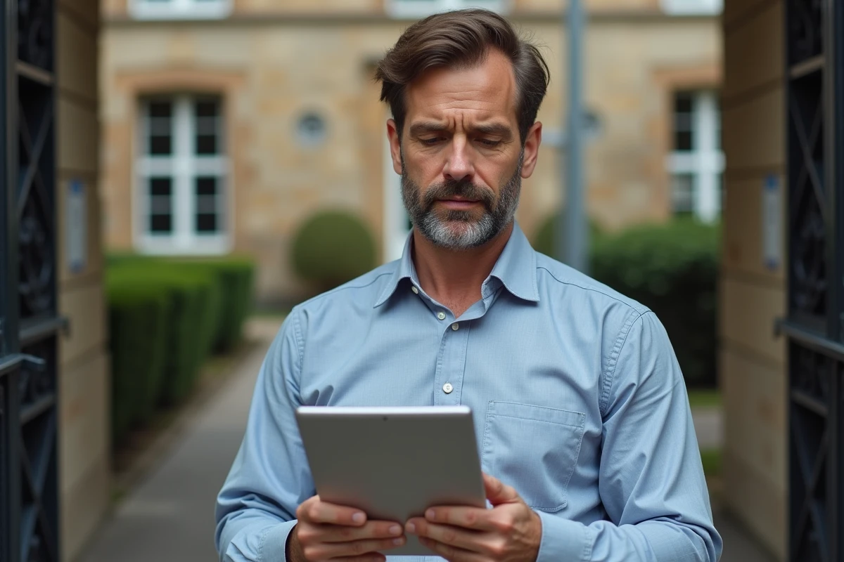 Enseignant nouvel arrivant devant une école de Bordeaux consultant le portail DSDEN 33 Convergence sur une tablette