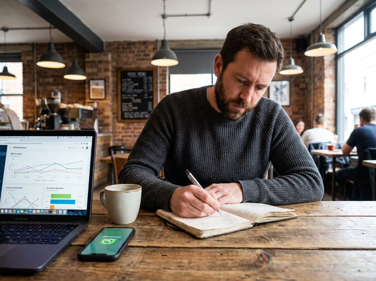 Entrepreneur prenant des notes sur la fidélisation client et l'analyse CRM pour préparer un programme de parrainage