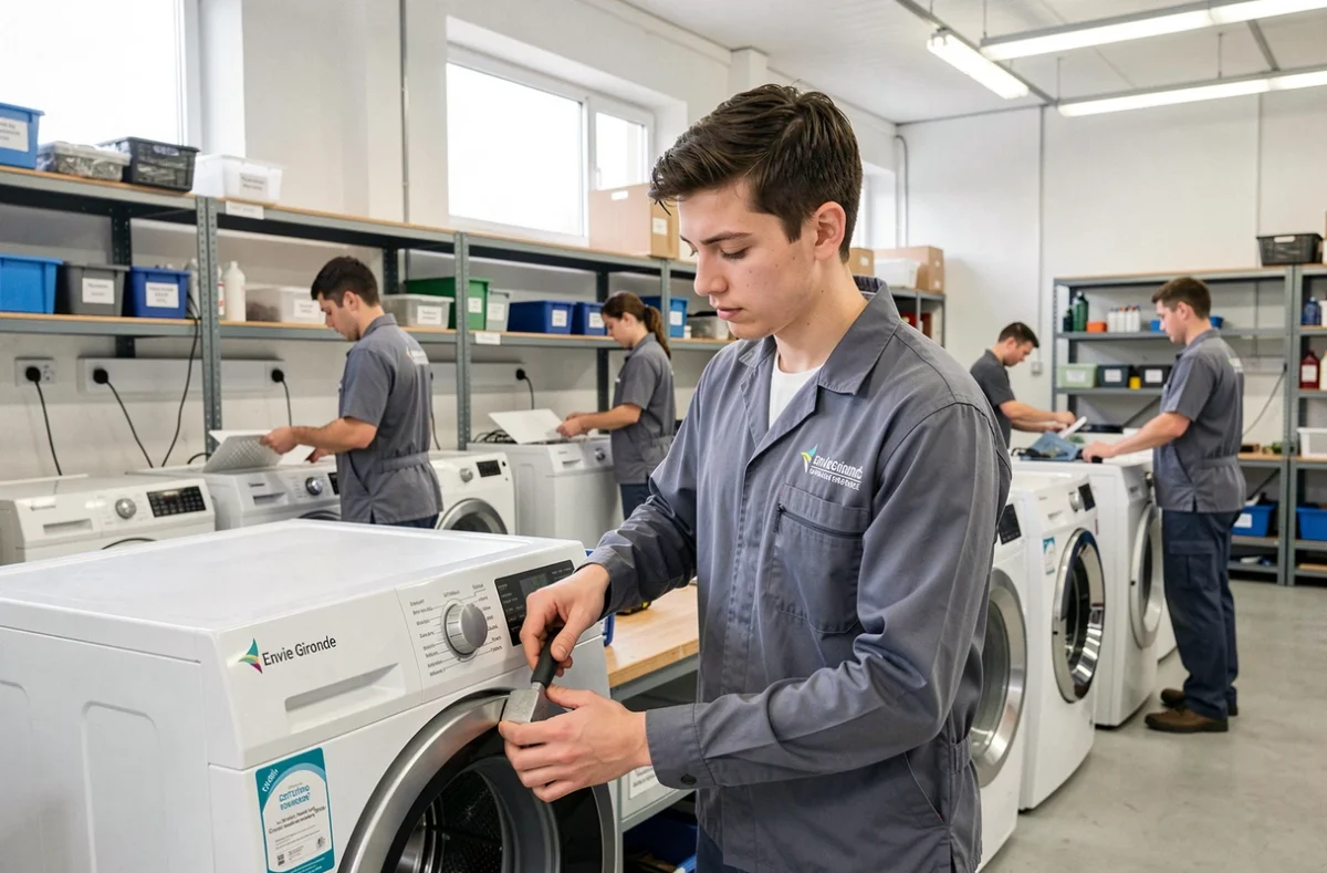 Travailleur d'Envie Gironde testant un appareil électroménager reconditionné certifié dans l'atelier d'insertion professionnelle