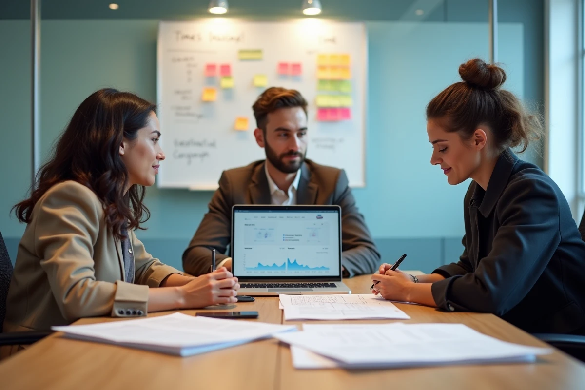 Équipe d'agence créative analysant des données de temps facturable lors d'une réunion de travail en salle de conférence