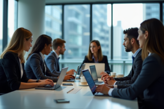 Groupe de professionnels en réunion autour de dashboards d'automatisation