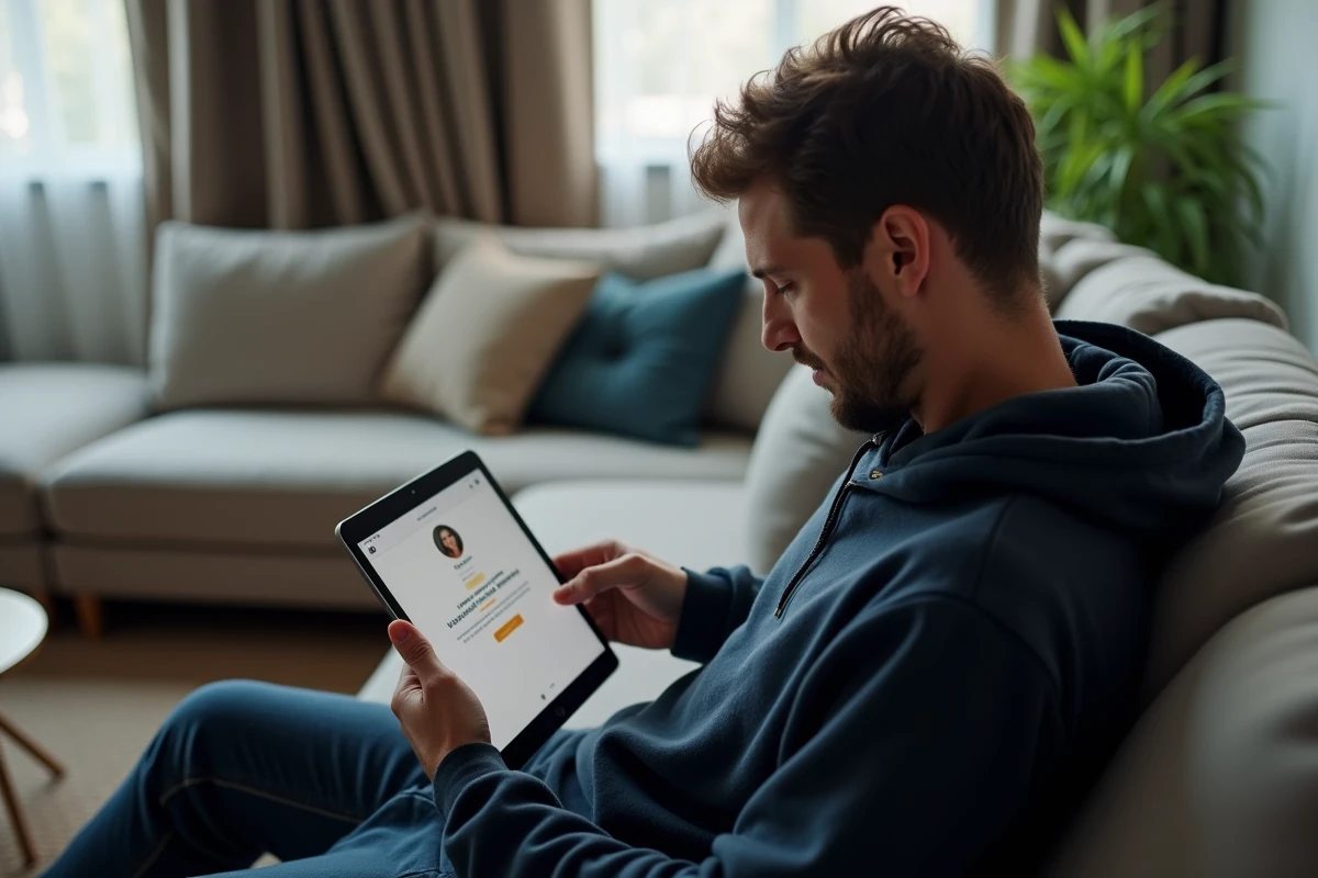 Homme consulant une tablette affichant un message d'erreur utilisateur introuvable sur Instagram