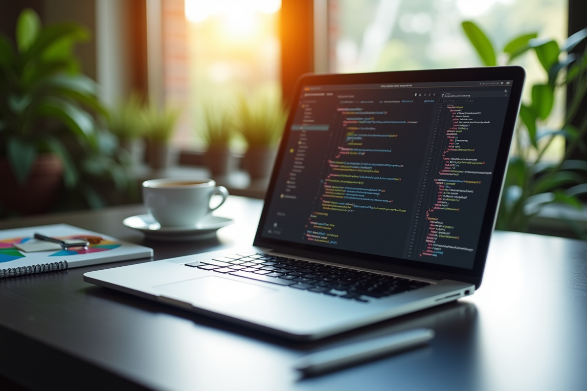 Espace de travail moderne avec code API et diagrammes