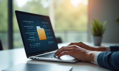 Espace de travail moderne avec ordinateur portable et création de dossier