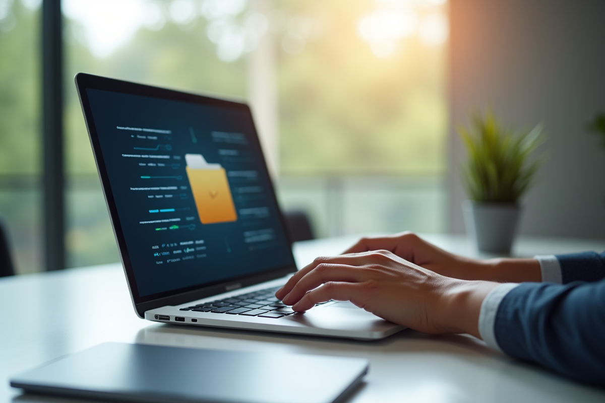 Espace de travail moderne avec ordinateur portable et création de dossier
