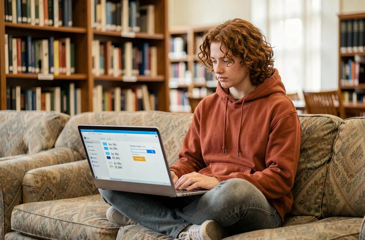 Étudiant en bibliothèque convertissant des ko en Mo sur son ordinateur portable posé sur les genoux