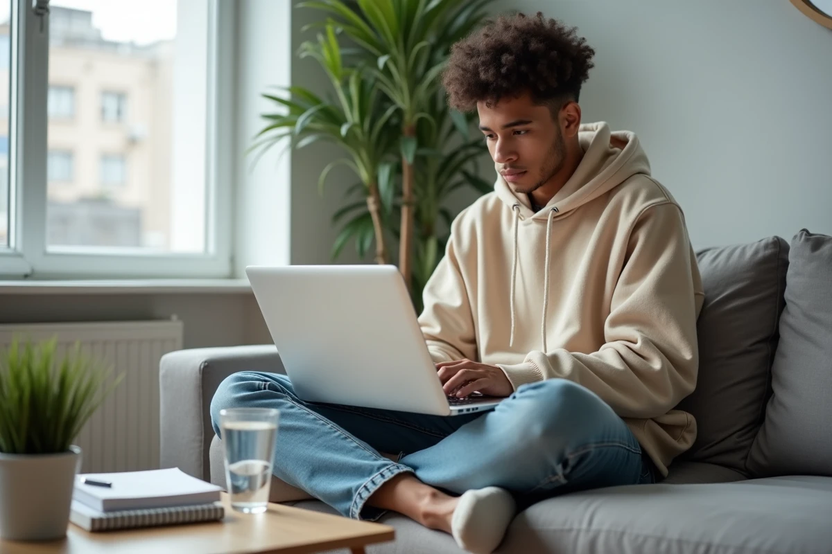 Étudiant détendu tapant sur un ordinateur portable dans un salon moderne, préparant un test d'écriture sans stress