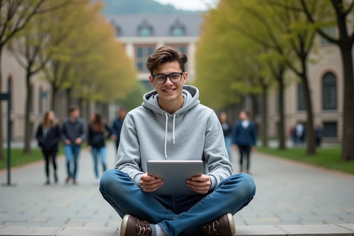 Étudiant consultant l'intranet LEO de l'Université Grenoble Alpes sur une tablette en plein air sur le campus