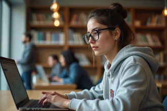Étudiante consultant sa boîte mail académique sur un ordinateur portable dans une bibliothèque universitaire de Nantes
