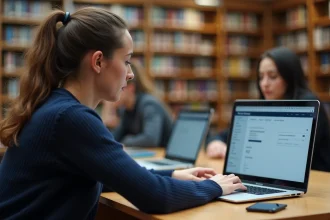 Étudiante consultant ses résultats d'examens sur l'intranet UGA LEO depuis un ordinateur portable dans une bibliothèque universitaire