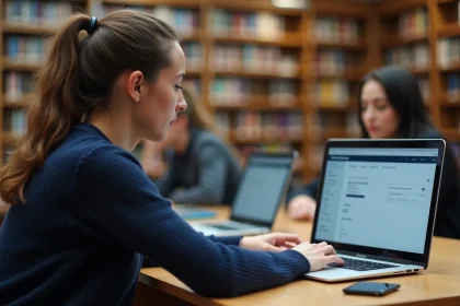 Étudiante consultant ses résultats d'examens sur l'intranet UGA LEO depuis un ordinateur portable dans une bibliothèque universitaire