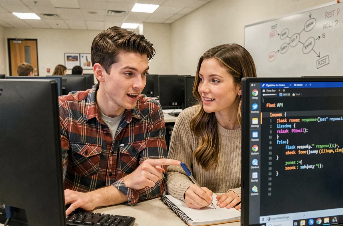 Deux étudiants débutants apprenant à créer une API REST avec Python dans un laboratoire informatique universitaire