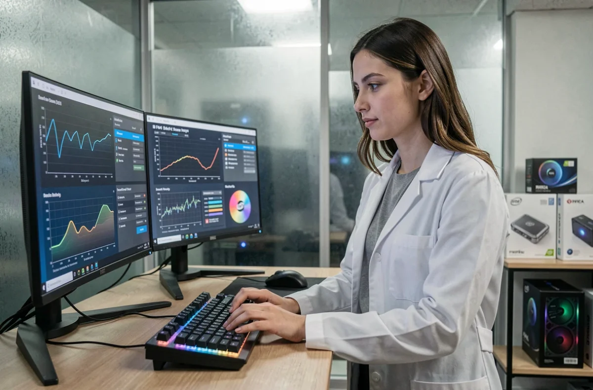Experte en hardware analysant des benchmarks de consommation PC gamer Intel AMD et Nvidia sur double écran en studio tech
