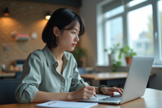 Jeune femme analysant des données CPC sur son ordinateur