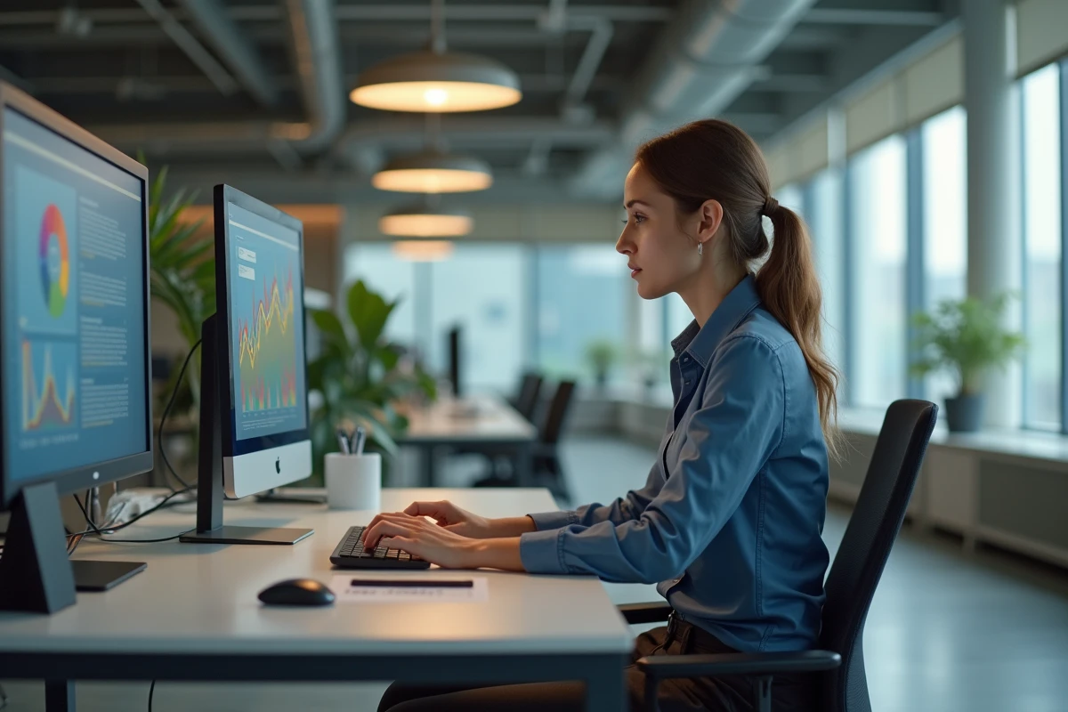 Jeune femme analysant des graphiques numériques sur son ordinateur