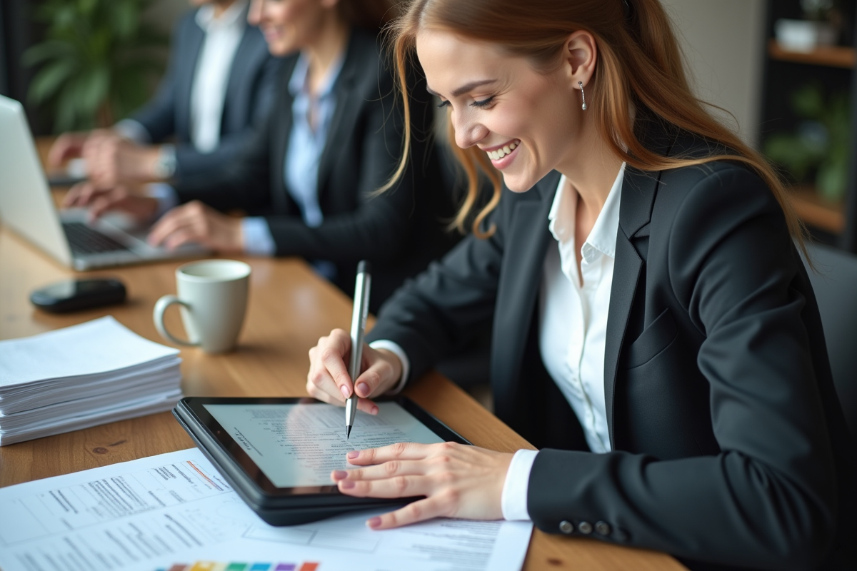 Jeune femme en costume annotant un PDF sur tablette en bureau